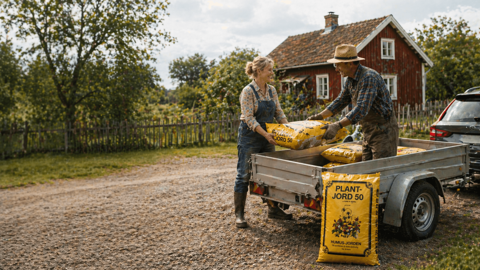 Kunder lastar Plantjord-säckar på pall hos Fjärås Lantmanna en solig vårdag