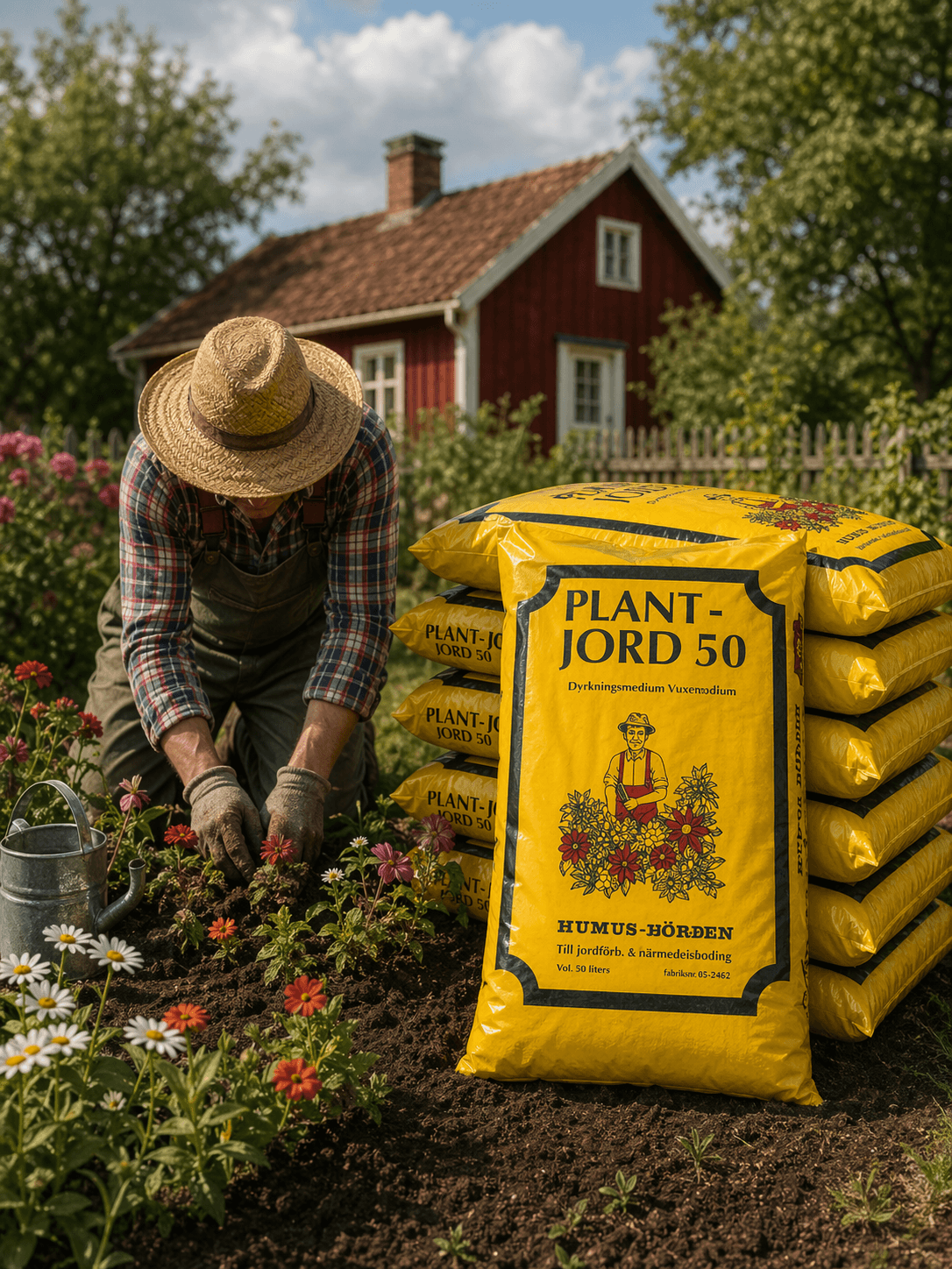Plantjord 50 – 50 liters gul planteringsjord-säck från Fjärås Lantmanna, staplad i trädgård